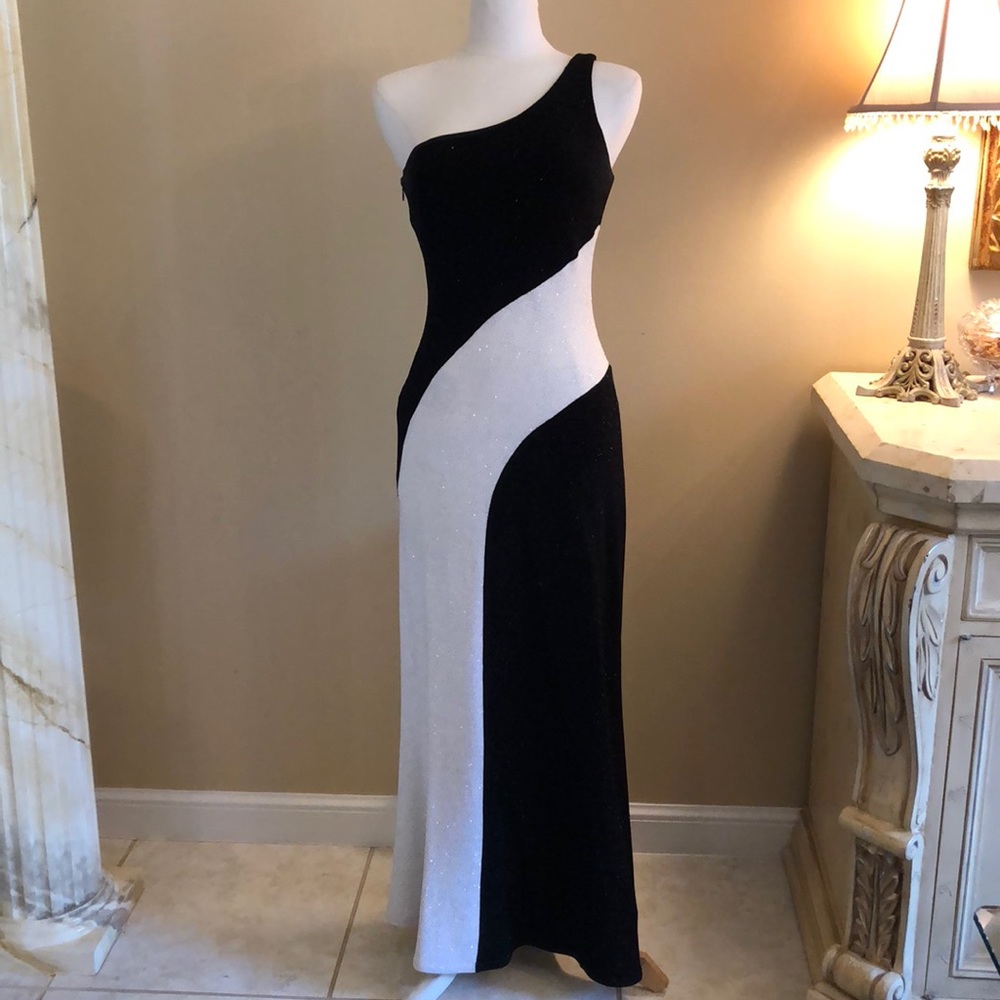 One shoulder black & white sparkle gown